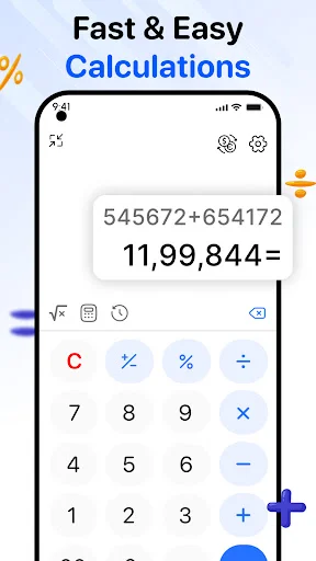 Standard calculator showing arithmetic calculation 545672+654172 equals 11,99,844 with numeric keypad, clear button, and basic operators