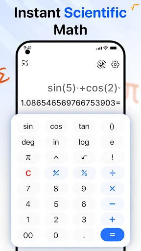 Scientific calculator displaying trigonometric calculation sin(5)+cos(2) with advanced functions including sine, cosine, tangent, logarithm, pi