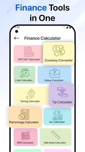 Finance calculator menu with 10 financial tools: GST/VAT calculator, currency converter, loan calculator, salary, SIP, BMI, and percentage calculator