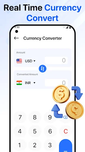 Currency converter converting USD to INR in real-time with amount input field, converted amount display, and decorative currency coin graphics