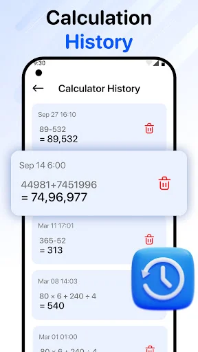 Calculator history listing timestamped past calculations from September to March showing calculation expressions, results, and delete options