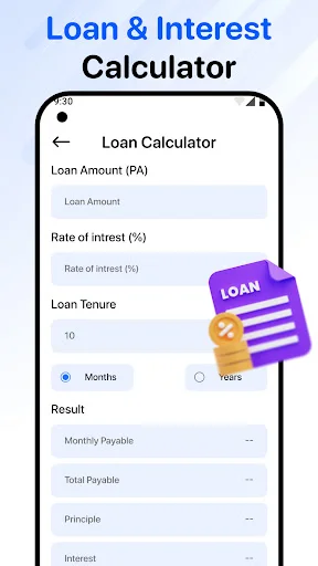 Loan calculator form with input fields for loan amount, interest rate percentage, tenure in months or years, and monthly/total payable results