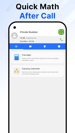 Phone call screen showing incoming private number with quick access buttons for calculator and currency converter tools during active call