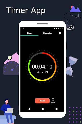 Timer interface with colorful circular progress indicator displaying 00:04:10 elapsed time, interval counter, and pause button control