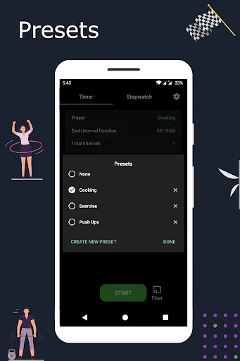 Timer presets menu with saved preset options including Cooking, Exercise, Push Ups, and create new preset button