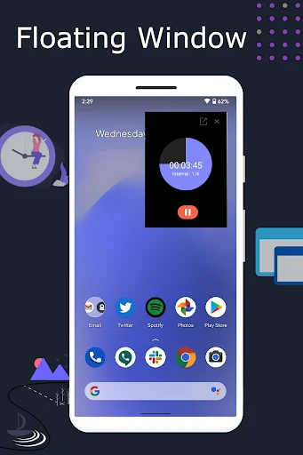 Floating timer window overlay showing 00:03:45 running timer with pause button control on Android home screen