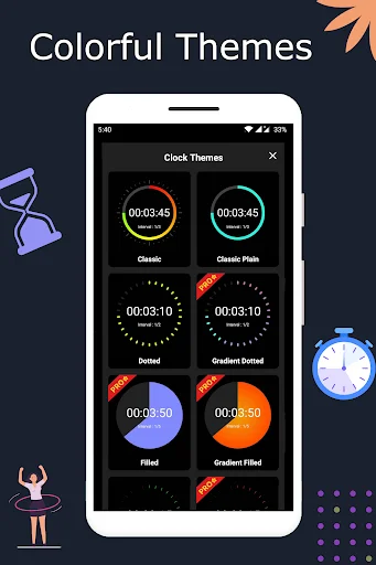 Timer theme selection gallery displaying six colorful timer designs: Classic, Plain, Dotted, Gradient, and Filled variants