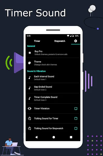 Sound notification settings menu showing audio options, vibration controls, interval sounds, and timer completion notifications