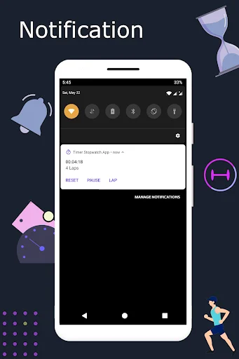 Timer notification card displaying elapsed time 00:04:18 with quick action buttons for reset, pause, and lap recording