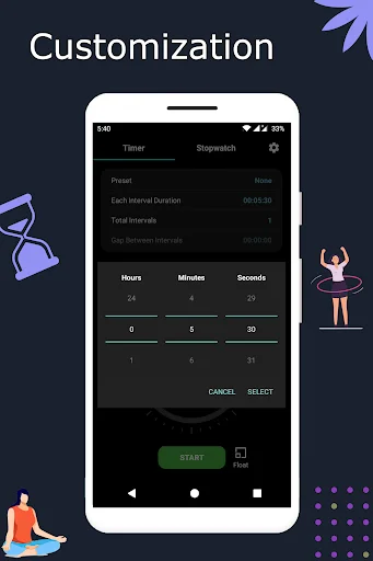 Custom timer setup screen with hours, minutes, seconds input fields and number pad for configuring personalized timer duration
