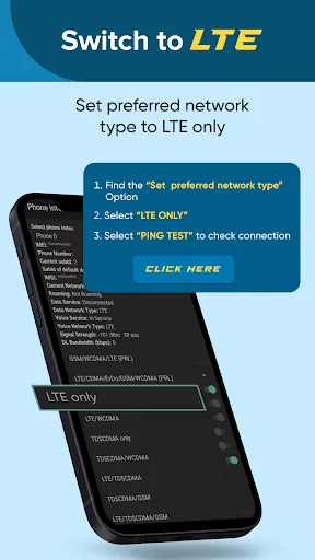 LTE Only mode setup guide with phone display and three steps to configure network settings for LTE only switching