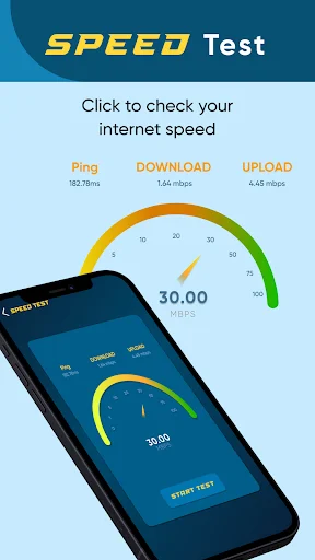 Speed Test screen with internet speed gauge showing ping, download, upload metrics and START TEST button for connection testing