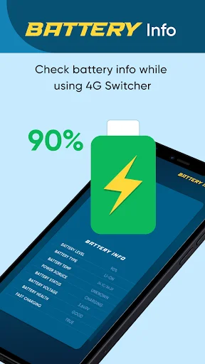 Battery Info screen displaying device battery status at 90% with detailed battery information while using 4G Switcher app