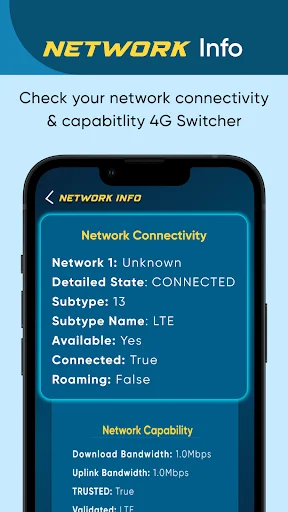 Network Info screen showing connection state, LTE type, availability status, and bandwidth capability metrics for 4G Switcher