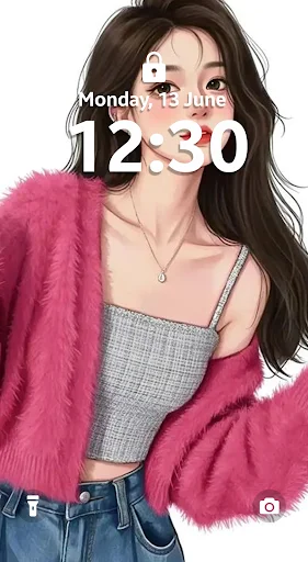 Y2K aesthetic lock screen wallpaper featuring girl with black hair wearing pink cardigan showing time and date display