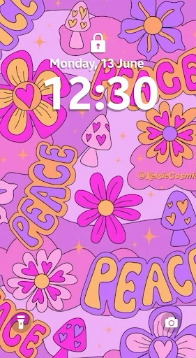Purple flower wallpaper with 'PEACE' text and Y2K colorful elements for Gen Z lock screen
