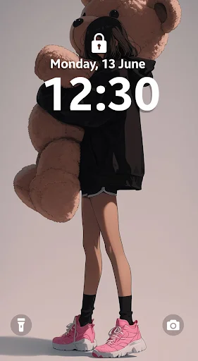 Cute aesthetic girl with teddy bear lock screen wallpaper showing time display for teen devices