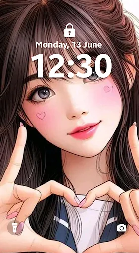 Anime girl with black hair making heart gesture cute Gen Z aesthetic lock screen wallpaper design