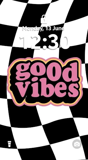 Bold 'good vibes' black and white checkered Gen Z aesthetic lock screen wallpaper with time 12:30