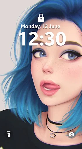 Blue-haired anime girl lock screen wallpaper with star necklace and time display for teen aesthetic theme