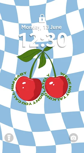 Blue and white checkered retro wallpaper with red apples Y2K design for teen aesthetic lock screen