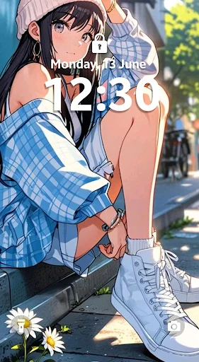 Anime girl plaid shirt wallpaper with daisy flowers and Gen Z aesthetic lock screen style