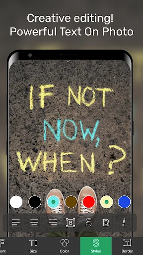 Creative text editing interface displaying colorful text effects, color picker, and styling tools for text on photos