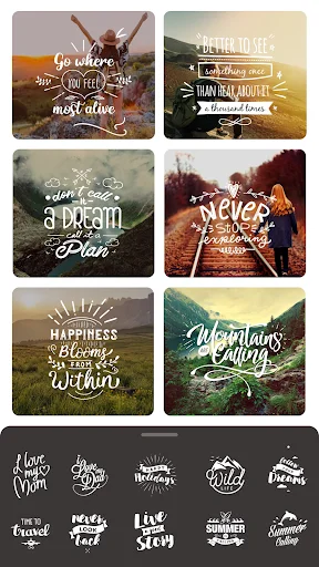 Text art template gallery with inspirational quotes and designs on landscape, nature, and portrait photo backgrounds