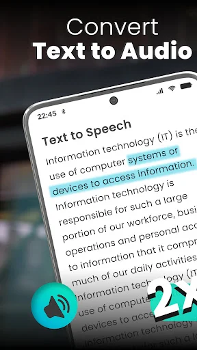 Smartphone displaying Convert Text to Audio feature showing passage text highlighted for TTS audio conversion and playback