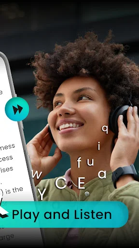 Person wearing headphones listening to Text to Speech audio playback on mobile device with audio controls visible