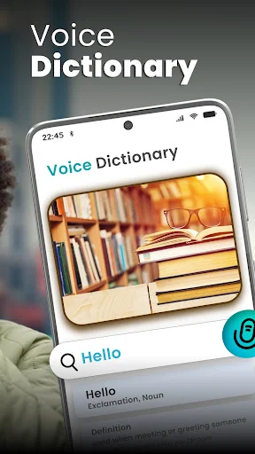 Voice Dictionary feature on smartphone displaying word search with book library imagery and pronunciation audio options