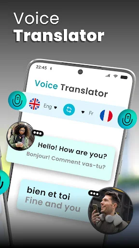 Voice Translator smartphone interface showing English to French language translation with dual language audio conversion