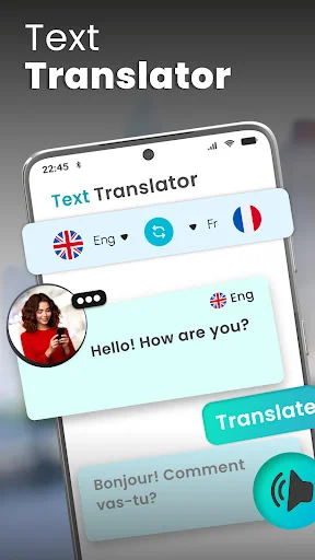 Text Translator feature displaying English to French text translation on smartphone with language selection buttons