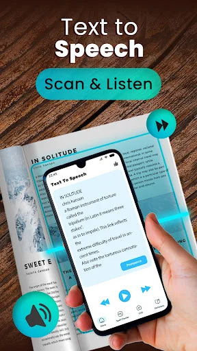 Hand holding smartphone with Text to Speech Scan and Listen feature, displaying scanned document text being converted to audio speech output