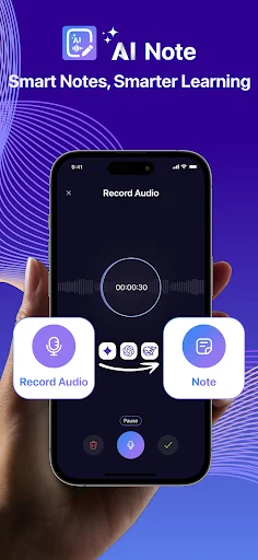TNote audio recording interface with timer displaying recorded audio duration and action buttons for creating smart notes