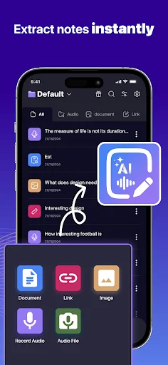 TNote instant note extraction feature displaying organized notes with AI recognition for documents, links, and image attachments