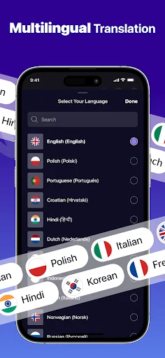 TNote multilingual translation feature supporting 10+ languages including English, Polish, Portuguese, Hindi, and more