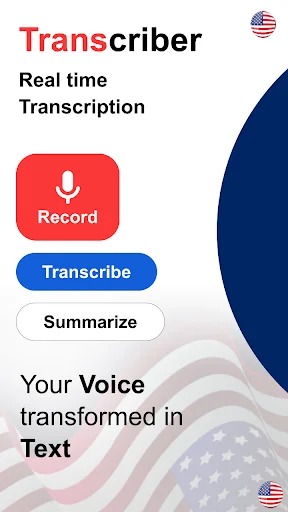 Transcriber app home screen with Record, Transcribe, and Summarize buttons for real-time speech to text transcription