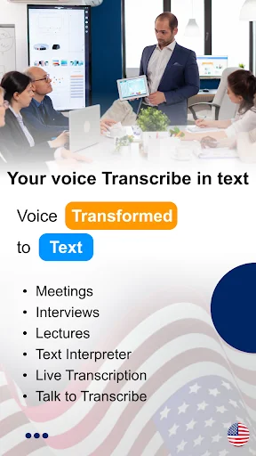 Transcribe Speech to Text app features including meetings, interviews, lectures, and live transcription capabilities