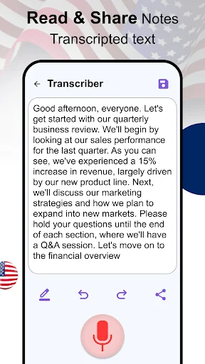 Read and share transcribed text notes with microphone playback button in Transcriber mobile app
