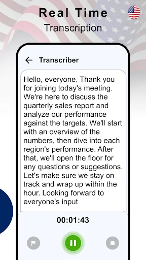 Real-time transcription of live meeting with playback controls and timestamp display in Transcriber app