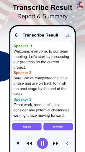Transcribe Result screen showing multi-speaker conversation with Report and Summary generation buttons