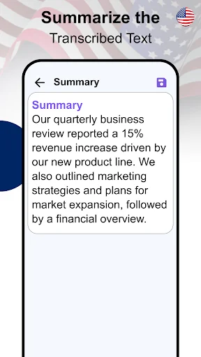 Summary view displaying condensed summary of transcribed business meeting notes and discussions