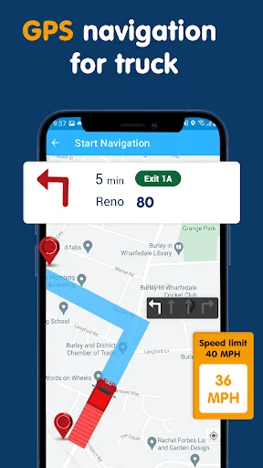Active turn-by-turn GPS navigation showing 5 minute journey to Reno via Exit 1A with current speed 36 MPH and speed limit 40 MPH indicator on live truck route map