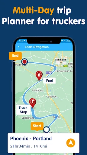 Multi-day truck trip planner showing Phoenix to Portland route spanning 21 hours 34 minutes and 1416 miles with Fuel and Truck Stop waypoint markers on navigation map