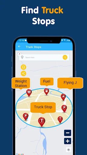 Truck stops locator map displaying multiple nearby weight stations, fuel stops, Flying J locations, and truck stops with category filter buttons for truck driver facility search