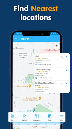 Nearby locations finder screen showing truck-friendly businesses including gas stations, parking, restaurants, cafes, and ATMs with star ratings and distance information