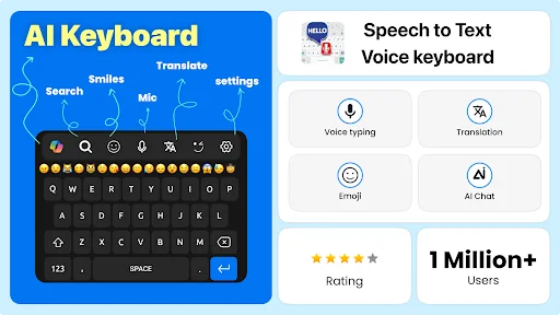 Speech to Text Voice Keyboard with AI Chat, translation, emoji features; 1M+ users, 4+ rating