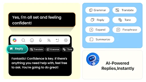 AI-powered reply suggestions for grammar, translation, tone, expand, paraphrase, and summarize