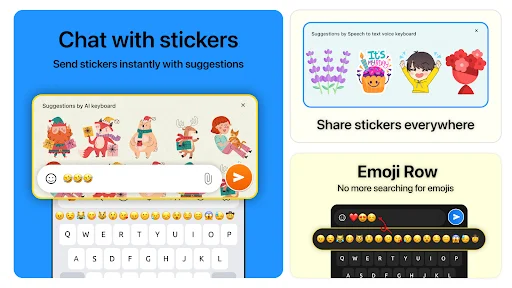 Voice keyboard chat with sticker suggestions, emoji row, and share stickers everywhere feature